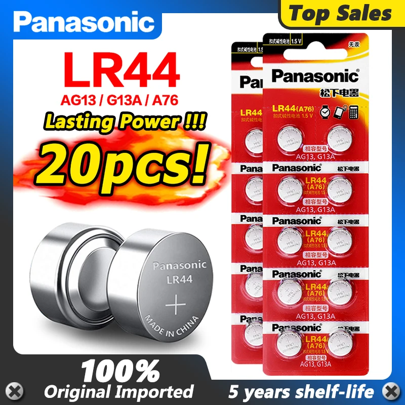 Panasonic 20pcs 1.5v Button Cell Battery Lr44 Lr1154 357a Sr44 100