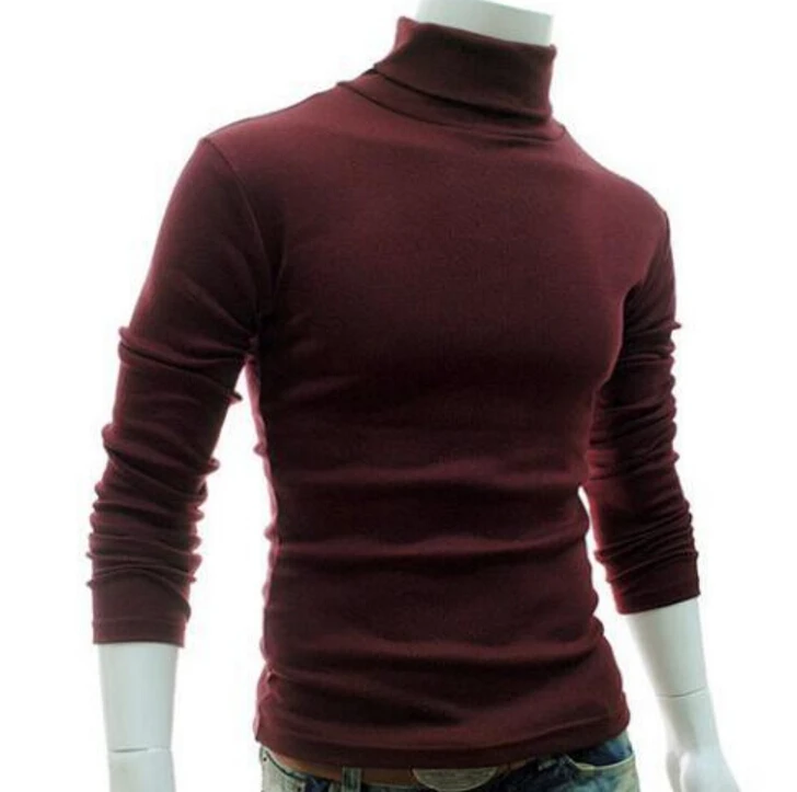 Мужские зимние облегающие рубашки, пуловер, джемпер-водолазка, вязаный свитер с воротником, длинный рукав, хлопок, однотонный топ с воротником-черепашкой, Базовая футболка - Цвет: Бургундия