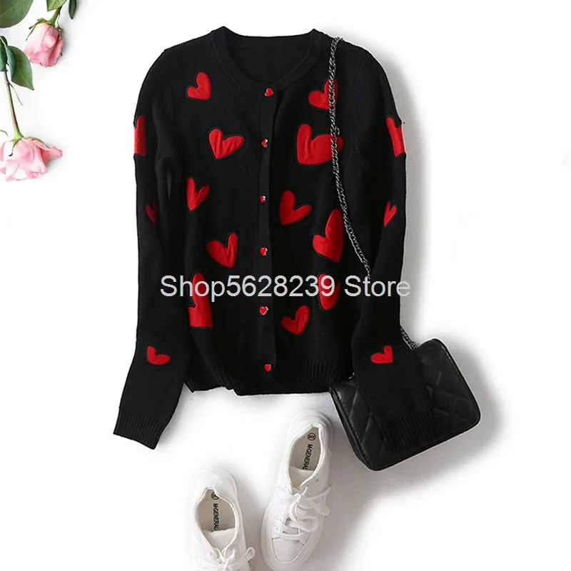 

Quality Women's Wear 2020 Seasonal Heart Shape Embroidery Splicing Long Sleeve Knitting Cardigan Joker Sweater Coat