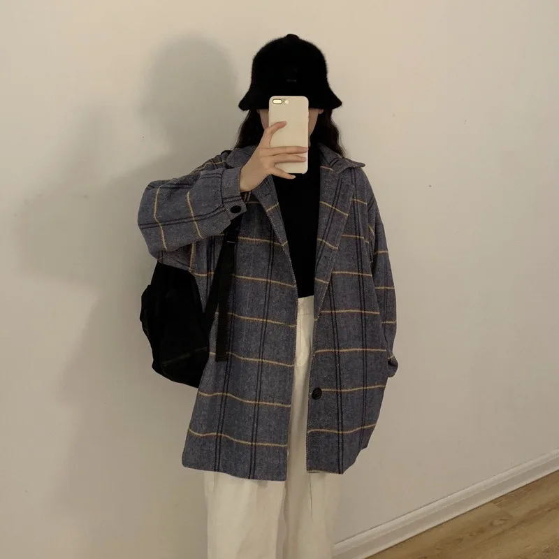 Factory Price Autumn And Winter New Style Korean-style BF Style Loose Retro Plaid Woolen Coat Student Woolen Overcoat