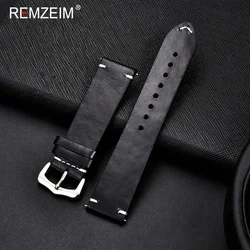 Artisan Oil Wax Leather Watchband in Blue, Red, and Brown - Premium Replacement Strap - 22mm (Black)