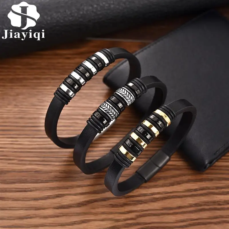 Jiayiqi кожаные браслеты с подвесками для мужчин Модные мужские ювелирные изделия магнитная застежка из нержавеющей стали подвески бусины браслет на запястье подарки