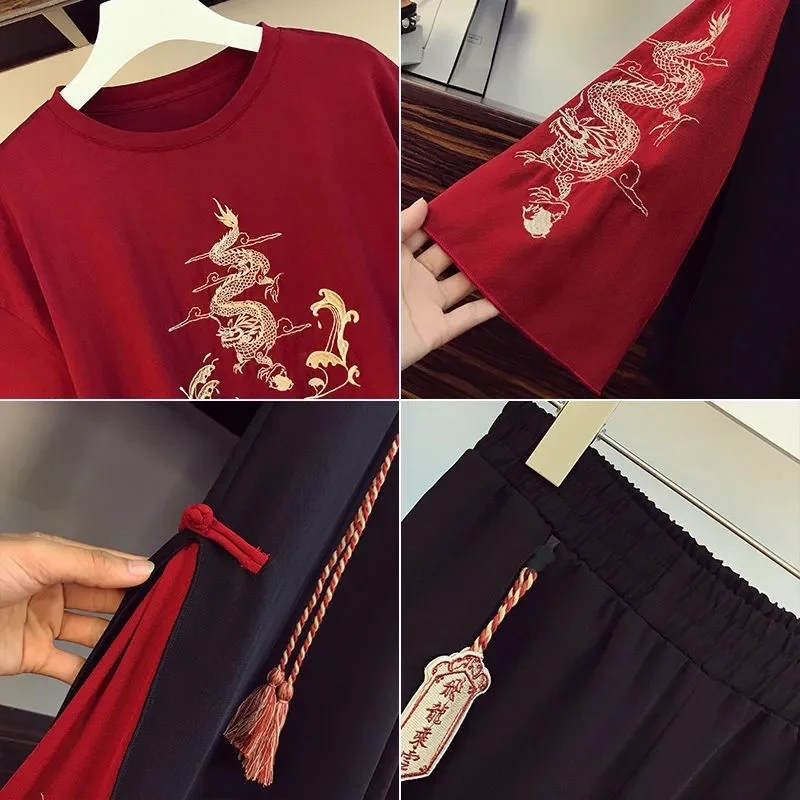 Chinese Dress Martial Arts Clothing Japanese Harajuku Tee Tops Chinese Style Tang Suit Women Casual T-Shirt Wide Leg Kung Fu Pants Set Oriental Clothing