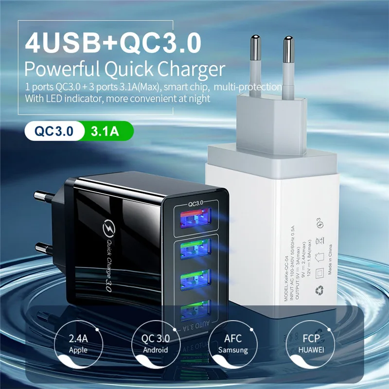 3.1A 4 порта USB зарядное устройство Quick Charge 3,0 для iPhone samsung XiaoMi huawei настенный мобильный телефон Универсальный адаптер Быстрая Зарядка разъем