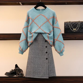 

Fashion Autumn Knit Set Women Winter Jumper + Skirt Sets Warm Knitted Pullover Sweater + Midi Skirt two piece Set Plus Size