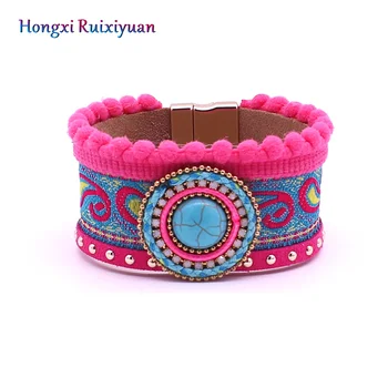 

Leather bracelet bohemian leather shell crystal bracelets for women handmade magnet buckle embroidery lace bracelet jewelry