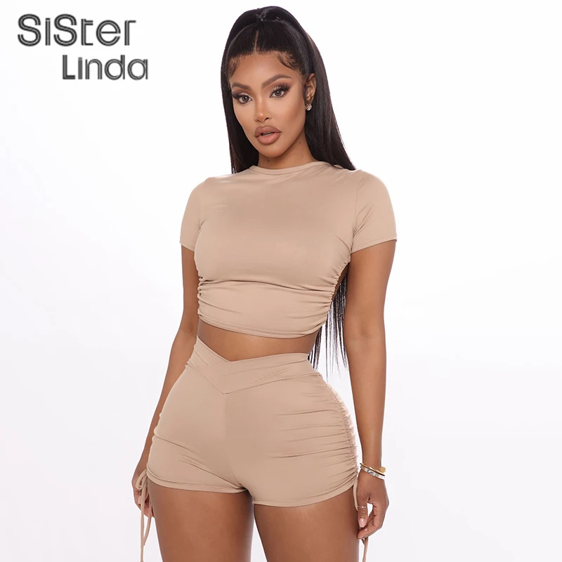 Sisterlinda Fitness Tracksuit Women 2 Piece Set Short Sleeve Backless Bandage Top And Ruched Biker Shorts Outfit Streetwear 2020 |