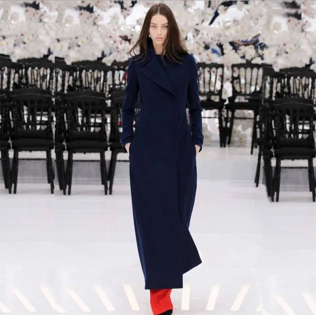 

New European Dark Blue Long Woolen Coat Women's Slim Cashmere Overcoat Outwear Female Slim Autumn Winter Wool Trench Coats