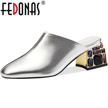 

FEDONAS Genuine Leather Rhinestone Women Mules Quality Summer Slingbacks Sandals For Women High Heels Pumps Basic Shoes Woman