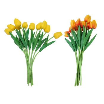 

20Pcs Latex Real Contact Tulip Flower with Leaves for Wedding Bouquet Decorate - 10Pcs Yellow & 10Pcs Orange