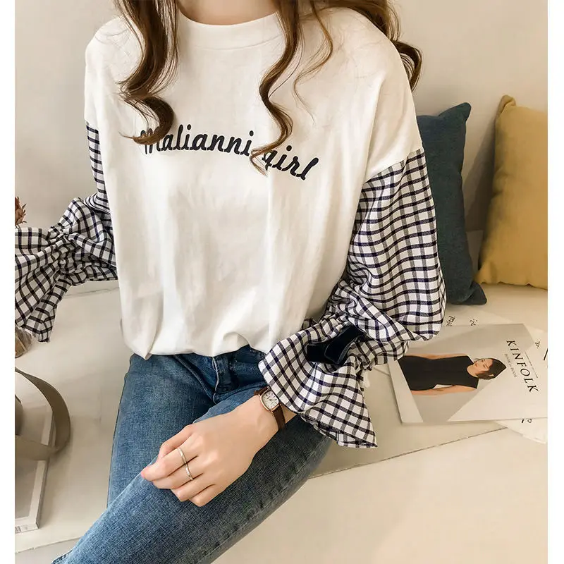 white tee Neploe/женские футболки в Корейском стиле; модная женская клетчатая футболка с длинными рукавами; Женская Футболка Harajuku с графическим рисунком; женские повседневные топы; 90271 - Цвет: white tee