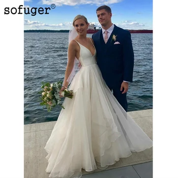 

Simple Organza Ivory White Wedding Dress V Neck Robe De Mariee Sofuge Dubai Arabic Abiti Da Sposa