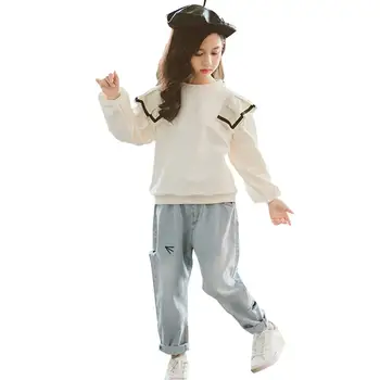 

Children Clothes Sweatshirt + Jeans Tracksuits For Girls Ruffles Girls Sets Clothing Cartoon Tracksuits For Children