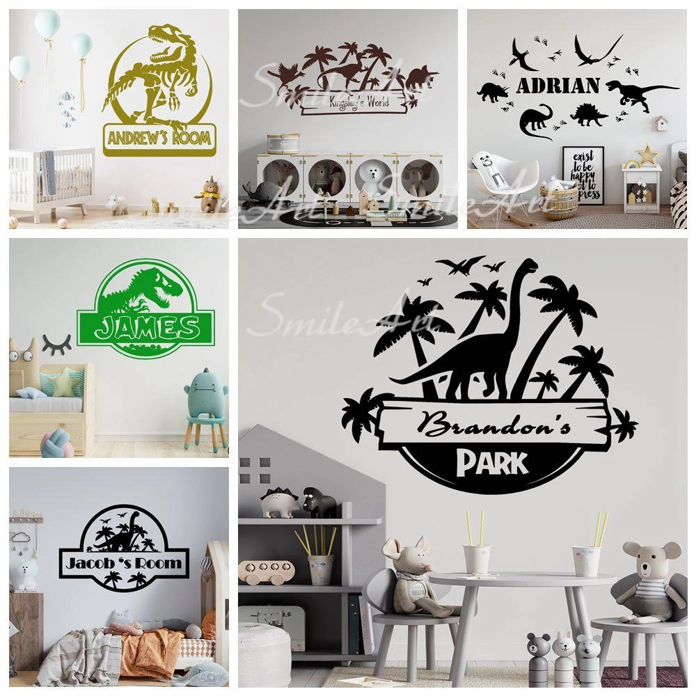 Funny Dinosaur Custom Name Wall Stickers Vinyl Art Decals For Kids Rooms Removable Decor Wall Decals