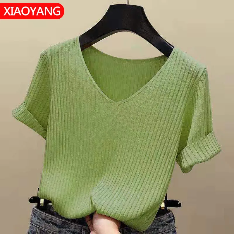 

Knitted short sleeve Women V-Neck T Shirts 2020 Blue Loose Black thin knit Orange Tops Ladies Summer Camiseta Autumn T shirts