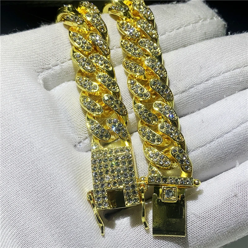 12 мм Мужской массивный браслет со льдом из кристаллов, кубинская цепочка в стиле хип-хоп, ювелирные изделия золотого и серебряного цвета с фианитами, кубинская цепочка, Bracelet18-20cm