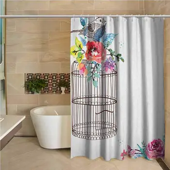

Watercolor Hotel Quality Polyester Shower Curtain Sketch of a Bird on an Empty Cage with Colorful Flowers Nature Imagery Shower
