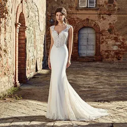 Bridal Gown Sexy V Neck Lace Appliques Satin Bohemian Wedding Dresses Plus Size Boho Mermaid Wedding Bridal Gowns