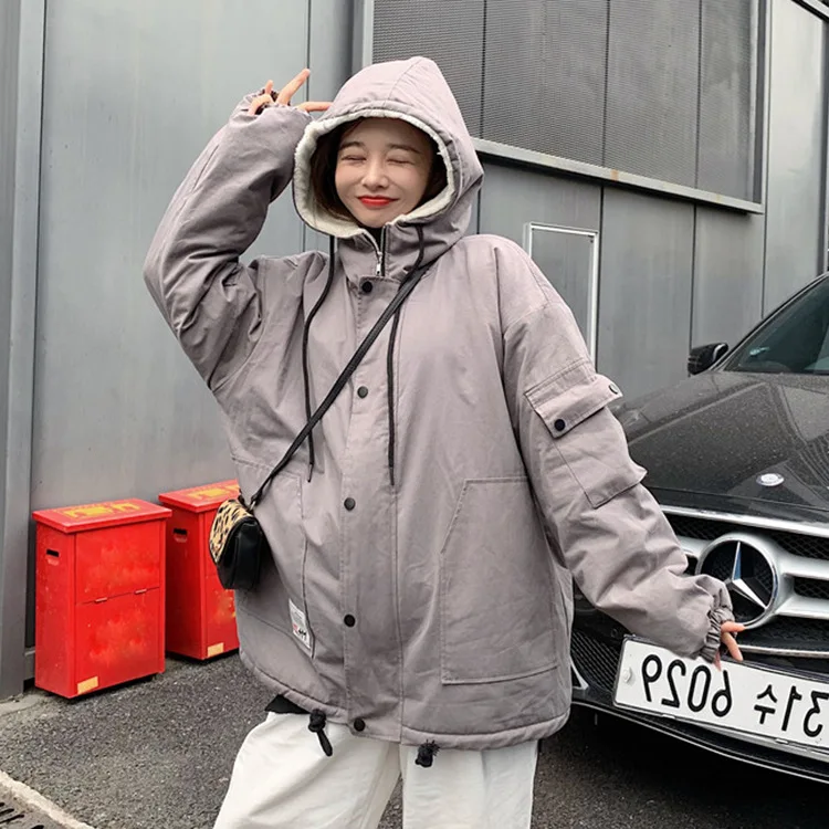 

Lambs Wool Workwear Cotton Coat Women's 2019 Winter New Style Couples plus Velvet Cotton-padded Clothes BF Loose Casual Thick Co