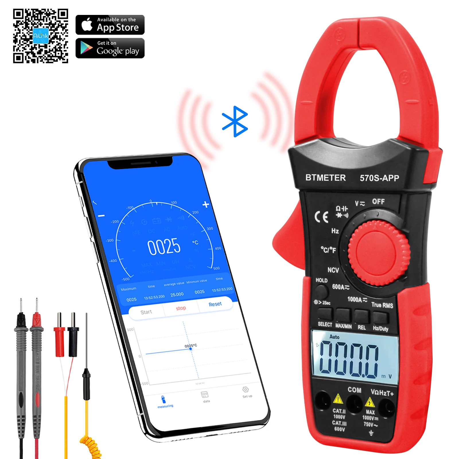 Bt570sapp Digital Ac/dc Volt Amp Clamp Meter,wireless Bluetooth 1000a Meter For Voltage