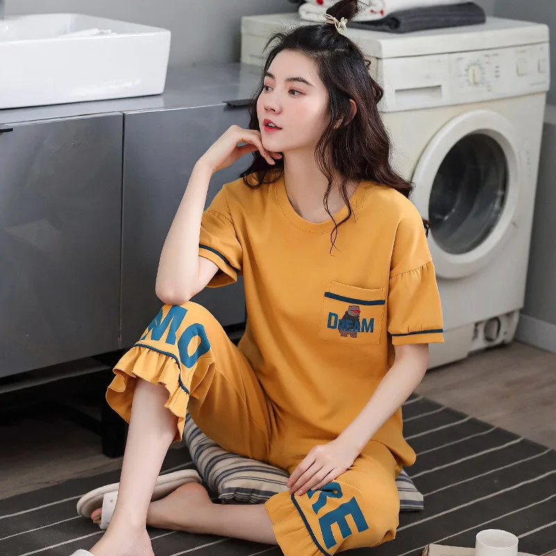 Printed Shirts and Pants Homewear Loose Cotton Pijama Women Spring Summer 2020 Casual Crew Neck Short Sleeve  Pajamas