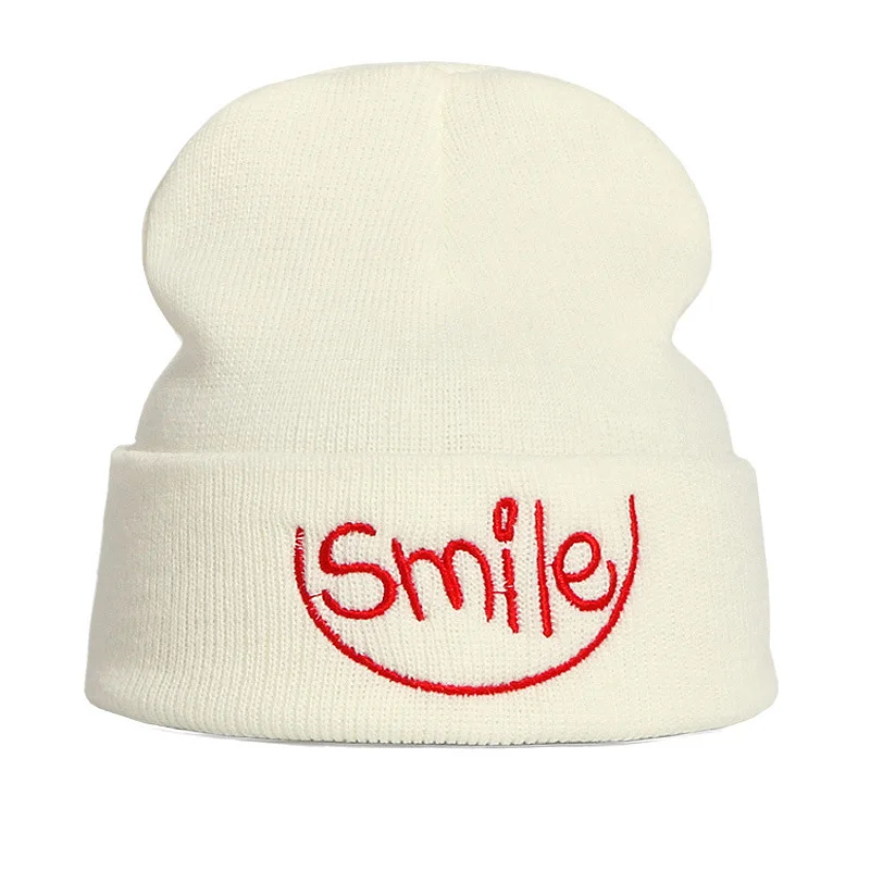 Autumn And Winter New Letters Smile Embroidery Wool Hat, Ladies Wild Thin Cuff Knit Hat, Men Skully Cap - Цвет: style 1
