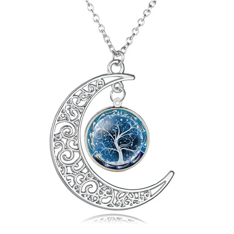 

Hollow Half Moon Necklace Tree Of Life Pendant Glass Cabochon Round Small bijoux fashion Collier Elegant Women Jewelry Gif