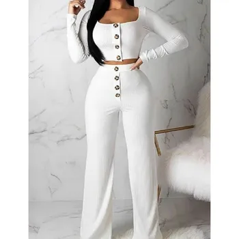 

2pcs Women Set Solid Crop Top T-shirt +Long Pants 2 Pieces Sets Women Autumn Clothing Suits Female