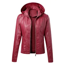 Women's PU Faux Leather Jacket Cashmere Hood Hat Detachable Short Leather Jacket Fashion Warm Motorcycle Jacket Outwear Female