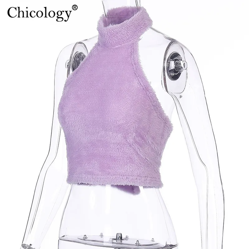 Chicology с лямкой на шее бархатное бархат меха без рукавов укороченный топ на бретелях женское неоновое на осень-зиму сексуальные уличная одежда Вечерние Клубные короткое Короткие Одежда