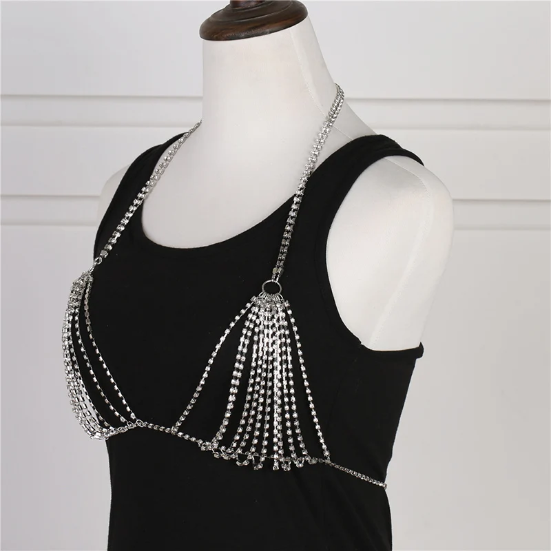 Sexy Body Chain Bikini Bra Chain Sparkling Rhinestone Harness Body Jewelry for Women Beach Breast Bra Crystal Bralette NL280