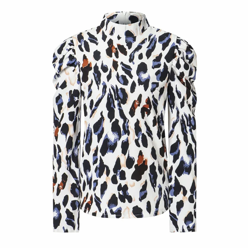 A Forever Equity Женская белая леопардовая рубашка фонарь с длинным рукавом модная Сексуальная Блузка Топы M-1219