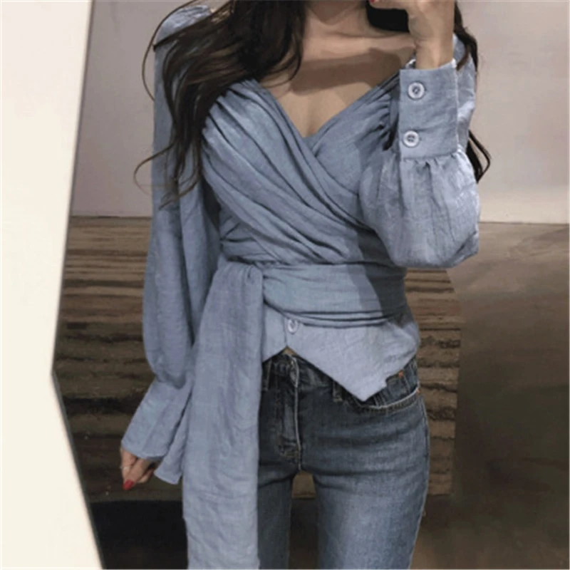 

Elegance Slim-fit Blouses Women Temperament Sexy Low Criss-cross V-neck Pleated Solid Color Tie Waist Shirts Female Top Blusas