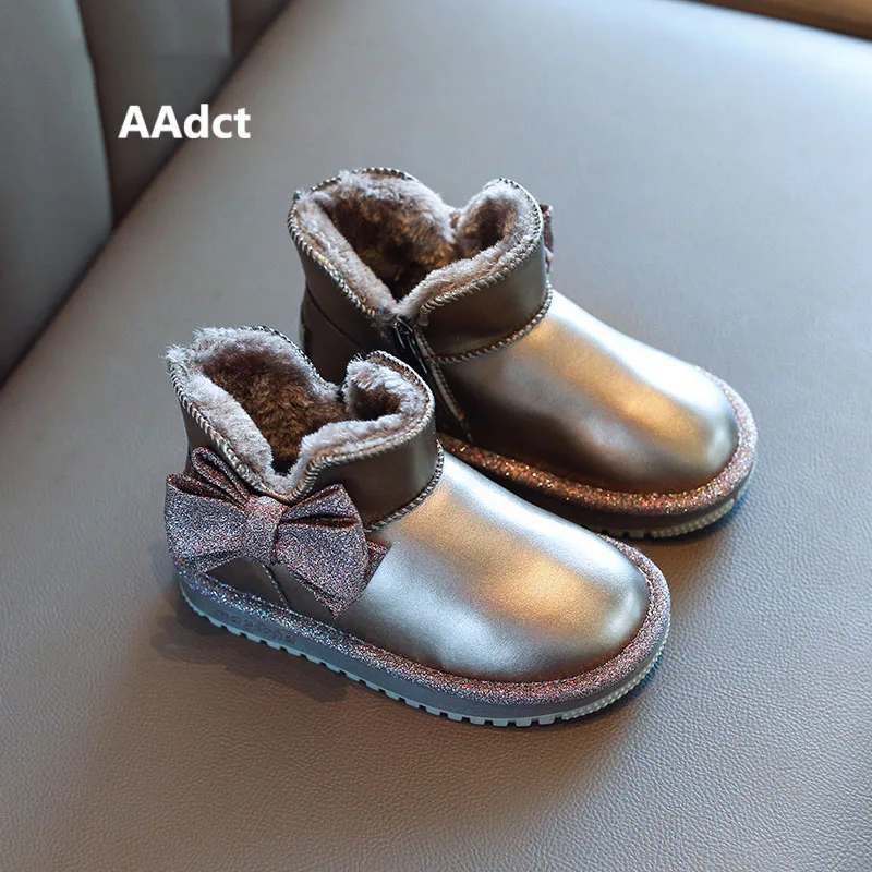 Gun color AAdct/зимние ботинки для девочек; коллекция года; зимние ботинки для маленьких детей; обувь принцессы; Новинка; хлопковая теплая детская обувь на меху; натуральная кожа - Цвет: Gun color