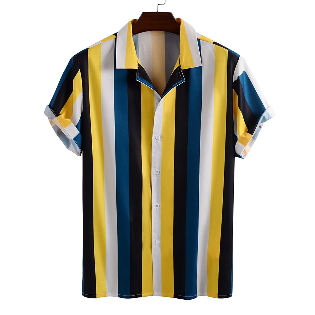 Verano hombre camisa de pantalón corto Casual manga camisas hawaianas Collar estampado a rayas genial camisa delgada vestido de los hombres Hombre Ropa