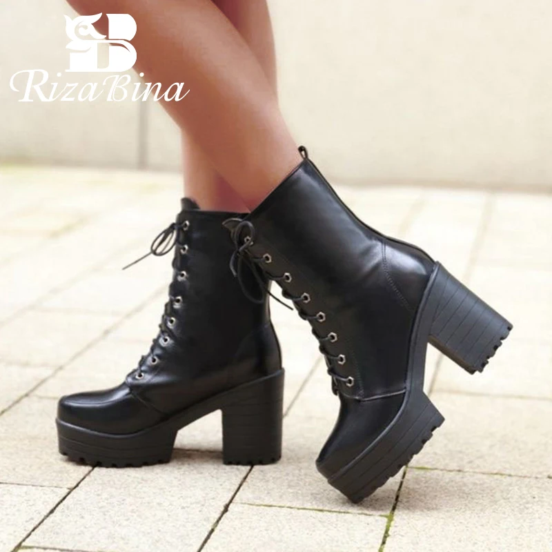 RIZABINA Women Mid Calf Boots Winter Keep Warm White Shoes Women Square Heels Cross Strap Platform Footwear Female Size 33-43
