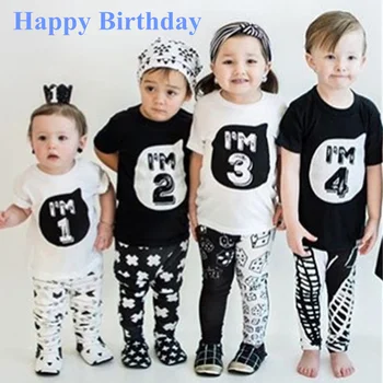 

New 1 2 3 4 Years Boys T-shirts Number Printed Happy Birthday Tops Baby Kids Short Sleeve White Black Tshirt Party Tees Clothing