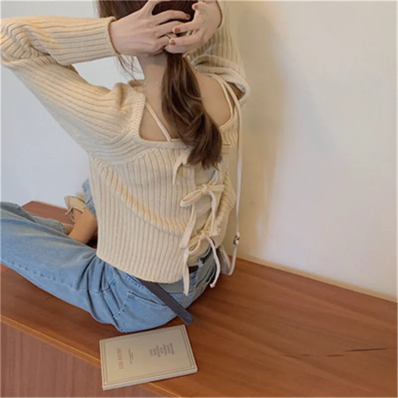 

2 Pieces Sweater Casual Women Autumn Korean Style Vintage Lace-up Long-sleeved Sweater & Threaded Knitted Sling 2020