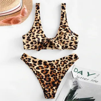 

#Z15 Leopard Bikini Set 2020 Sexy Swimsuit Women Bikini Brazilian Thong Swimwear Female ie Knot Front top Bathing Suit Swimwear