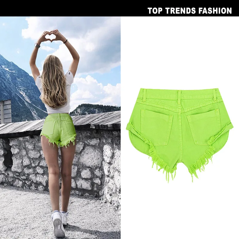 Sexy Casual Summer Green Long Pockets Jeans Shorts Women Fashion Low Waist Tassel Ripped Denim Shorts New Solid Color Hot Short (15)