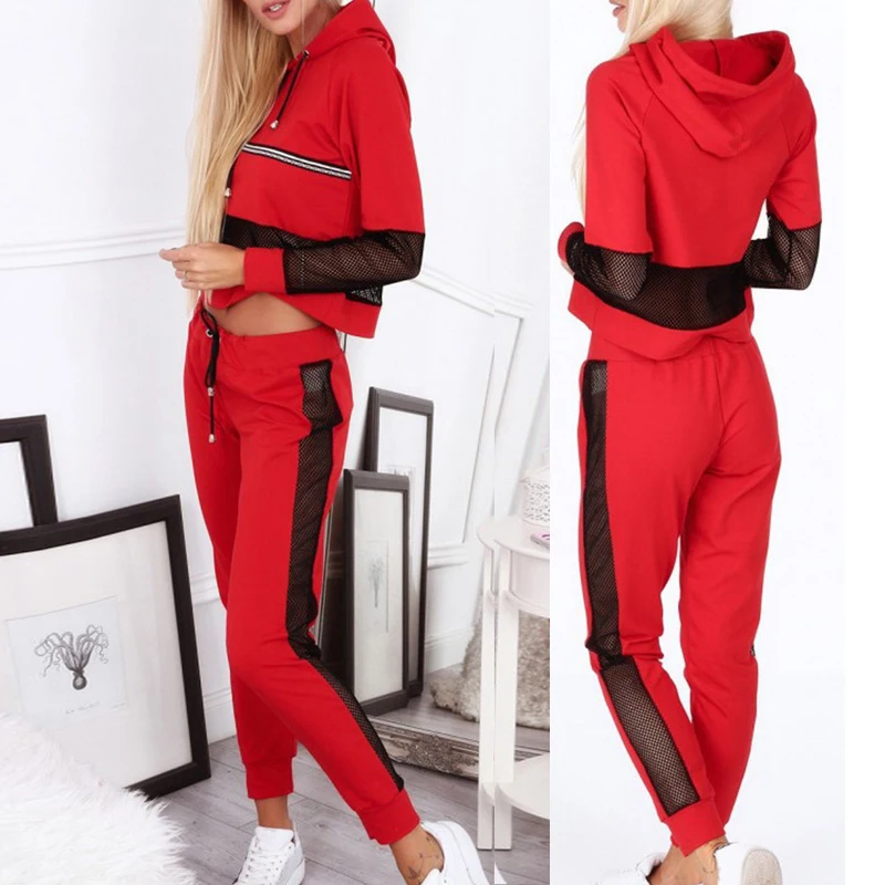

Sexy Tracksuit For Women Long Sleeve Thicken Running Set Mesh Hooded Top With Jogger Pants Outdoor Sportswear Fashion Women Set