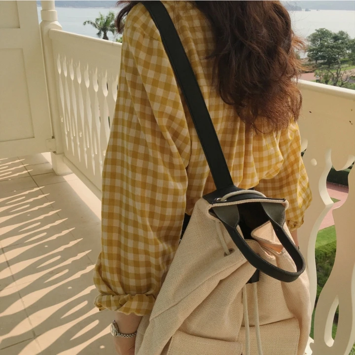 Yellow Shirt with Long Lantern Sleeve Plaid Shirts V-Neck Women Korean Fashion Work Shirt Elegant Office Ladies Casual Tops