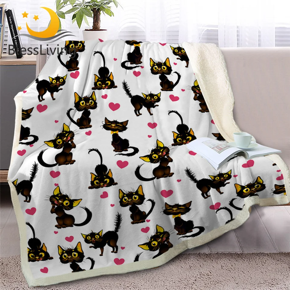 

BlessLiving Black Cat Sherpa Blanket for Beds Lovely Animal Throw Blanket Kids Plush Bedspreads Heart White Cartoon Bedding