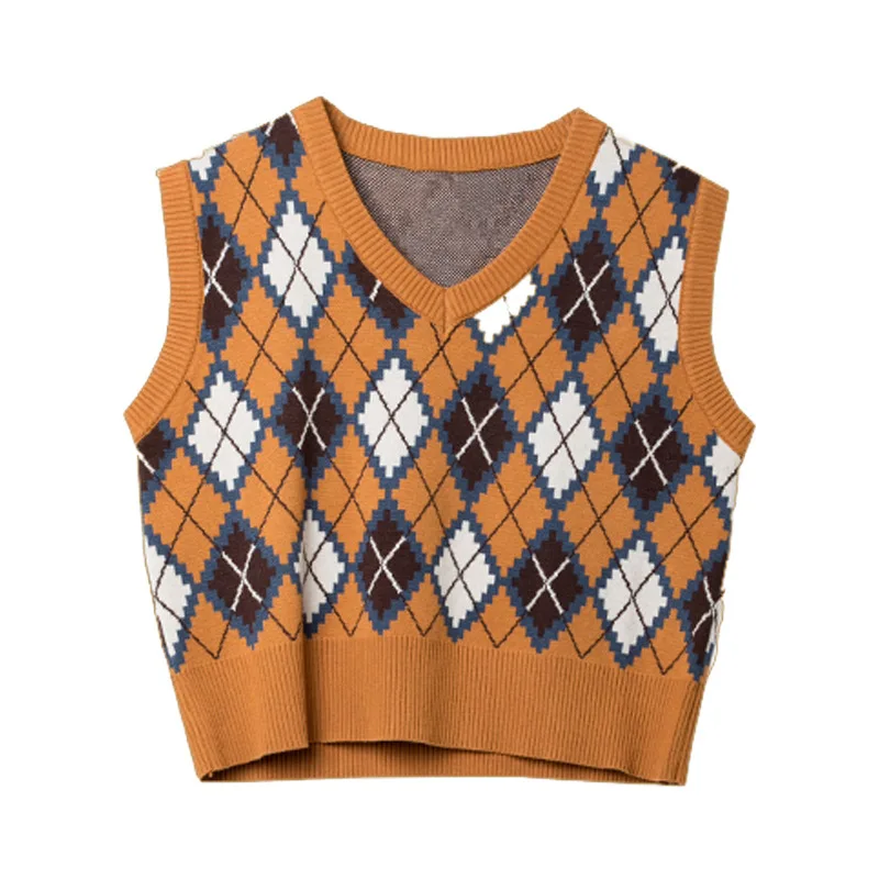 

Autumn Vintage Western Style Versatile Loose Sleeveless Sweater Waistcoat Vest Outer Wear Plaid Vest Short Knitted Vest Women's