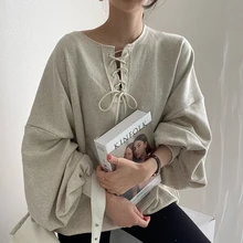 

ONALIPPA Sweatshirt Women Casual Autumn Simple Lazy O Neck Tie Design Harajuku Loose Casual Lantern Sleeve Hoodies Female