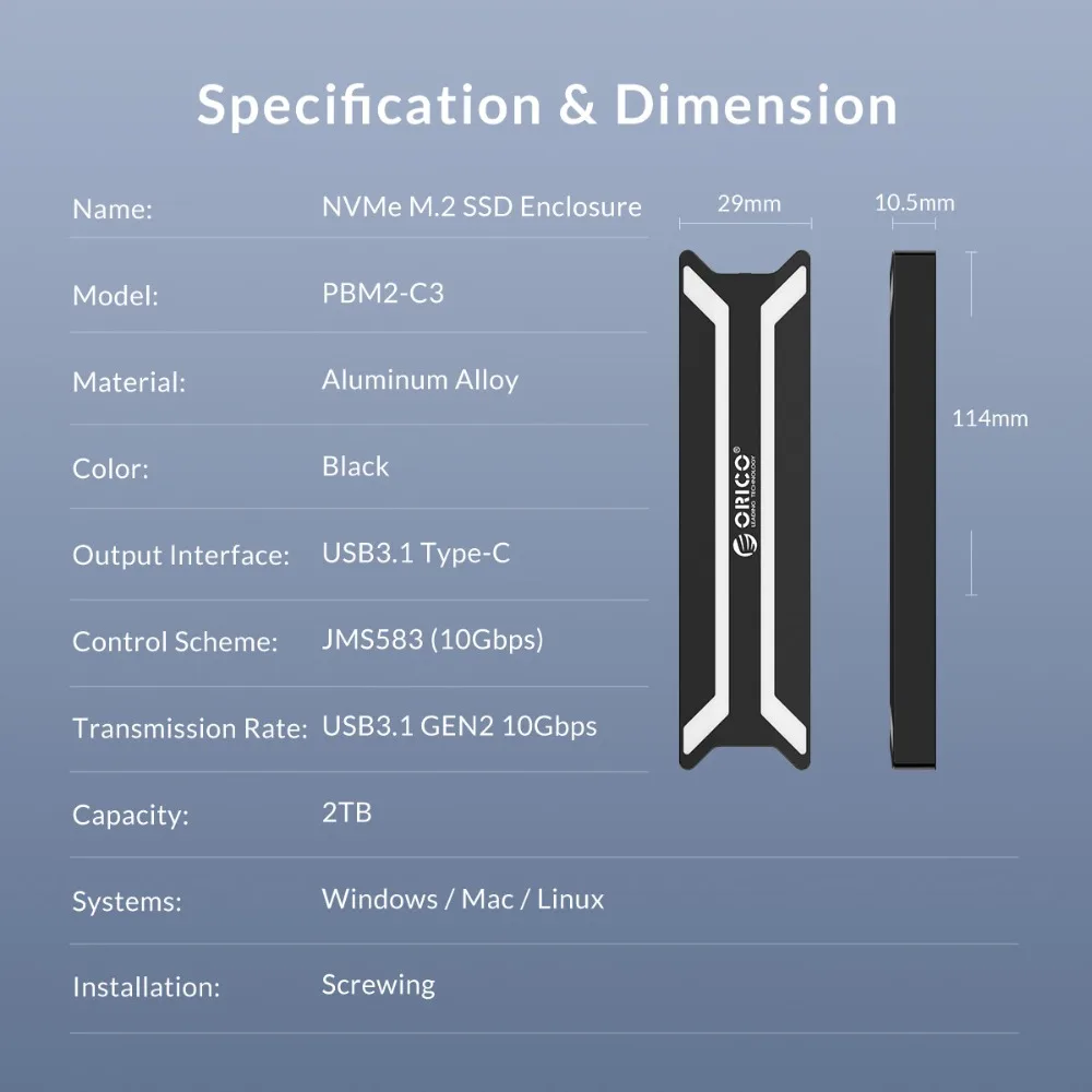 ORICO NVME M.2 корпус SSD из алюминиевого сплава Тип C USB 3,1 Поддержка 10 Гбит/с UASP M.2 USB NVME корпус алюминиевый жесткий диск коробка