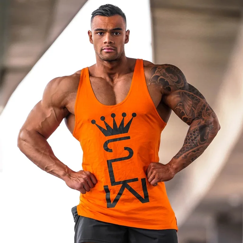 new fashion cotton sleeveless shirt vest men's fitness vest jogger bodybuilding brand vest fitness men's sports shirt - Цвет: Orange