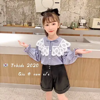 

Girls' doll collar striped shirt 20 autumn new children's lace lace bow big lapel top