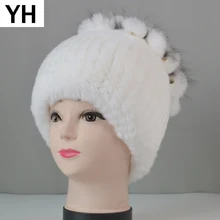 Открытый зимний теплый вязаный Настоящий мех кролика шапки бини шапки Шапки Для женщин Настоящий мех кролика головные уборы Skullies шапки натуральным шапка из меха кролика рекс