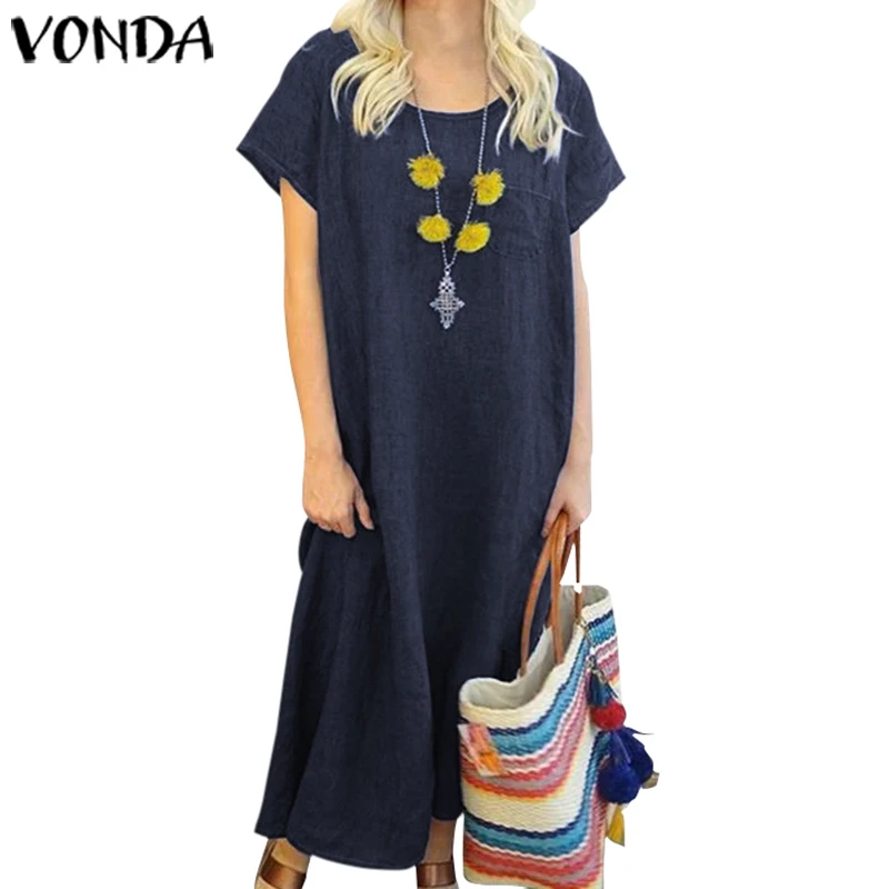 Dark Blue Женский сарафан VONDA летнее джинсовое платье свободного покроя с коротким рукавом платье-рубашка размера плюс вечерние платья женское платье S-5XL - Цвет: Dark Blue